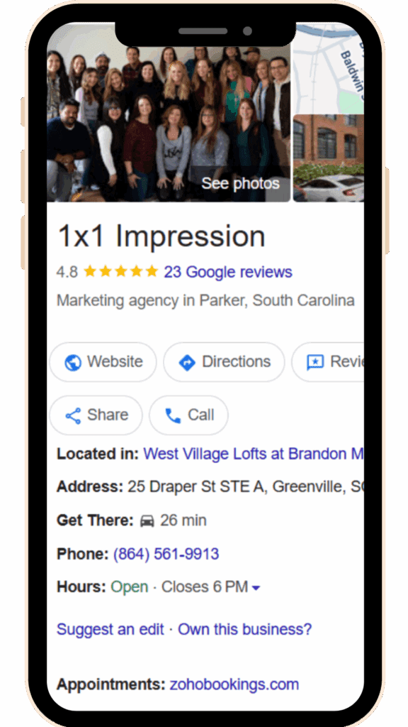 Cell phone with 1x1 Impression Google Business Profile